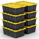 8 PACK of 12 Gallon Medium Black & Yellow Storage Bins | Plastic Tote Organizing - Brand New
