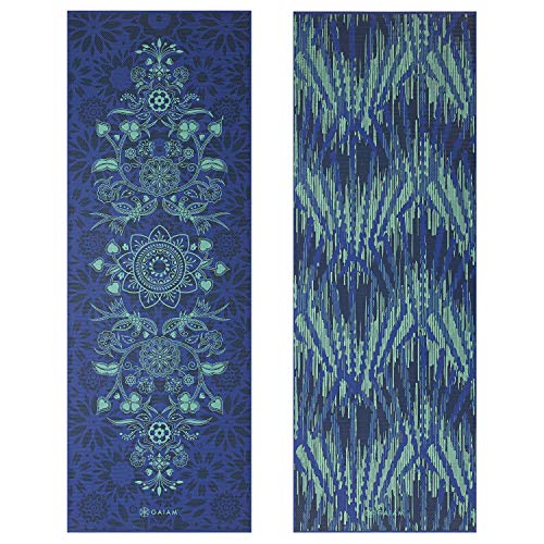 GAIAM YOGA MAT - PREMIUM 6MM PRINT REVERSIBLE EXTRA THICK NON SLIP - BLACK/BLUE - Brand New