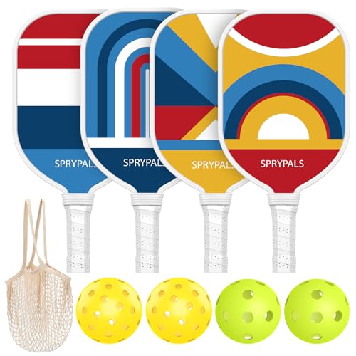 SPRYPALS PICKLEBALL PADDLES 4 SET WITH 4 BALLS ERGONOMIC GRIP - RED/BLUE - Like New