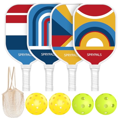 SPRYPALS PICKLEBALL PADDLES 4 SET WITH 4 BALLS ERGONOMIC GRIP - - Scratch & Dent