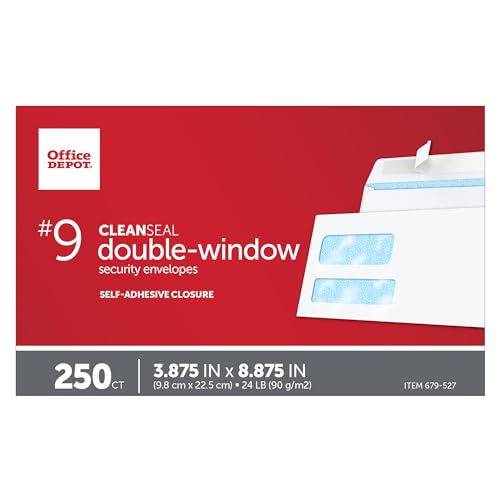 Office Depot Double-Window Envelopes (3 7/8in. x 8 7/8in.), Box 250, 77166 - Brand New