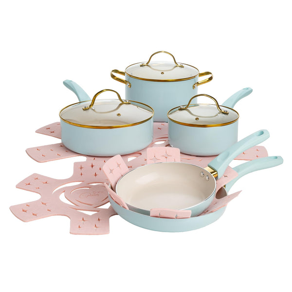 PARIS HILTON EPIC POTS PANS SET MULTI LAYER COATING TEMPERED GLASS LIDS, AQUA - Like New
