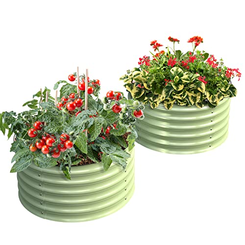 OLLE TWIN ROUND METAL GARDEN BEDS VEGETABLES 17" TALL 24" X 17" -SAGE GREEN - Brand New