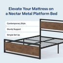 GENERIC METAL PLATFORM QUEEN BED FRAME W/WOODEN HEADBOARD - 14” HEIGHT - WALNUT - Like New