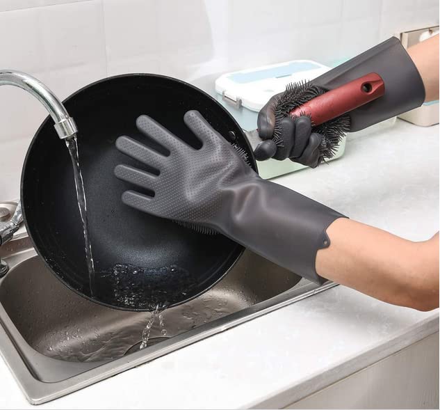 Yinceber Silicone Dishwashing Gloves, V Gloves, Gray L - Brand New
