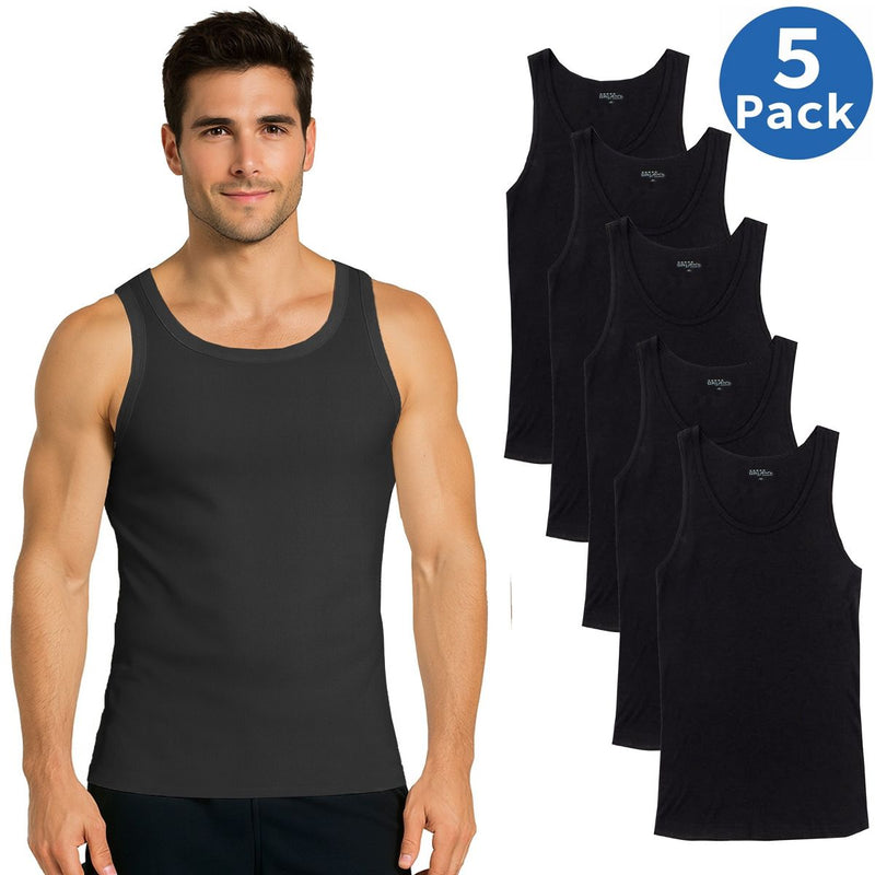 BLU ROCK MEN'S RIBBED CLASSIC TANK TOPS – 5 PACK - SIZE: LARGE - BLACK - Brand New