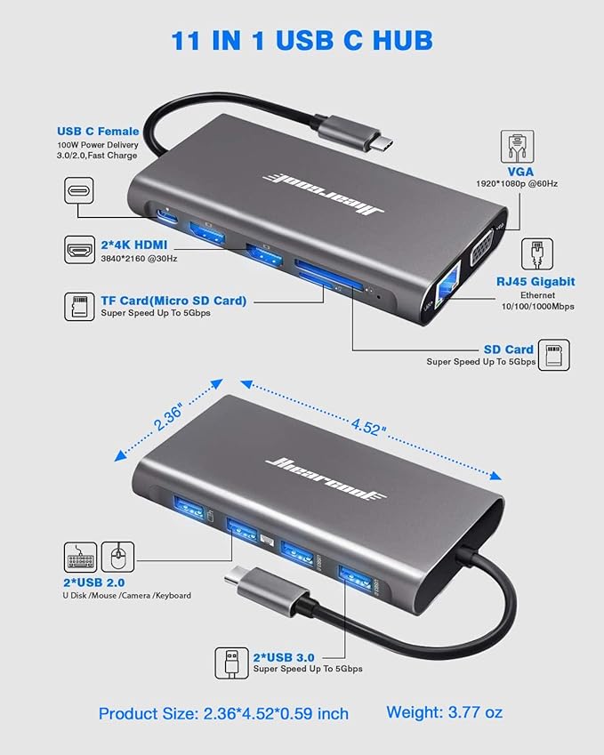 Hiearcool USB C Hub Laptop Docking Station 11IN1 Triple Display Type C - Gray Like New