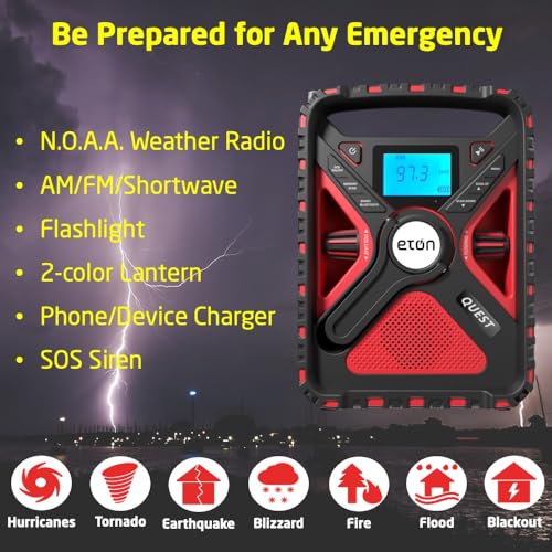 ETON QUEST HAND CRANK NOAA WEATHER RADIO, AM/FM SHORTWAVE STORM RADIO, RED - Like New