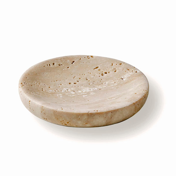 PHINILUX ROUND TRAVERTINE TRAY FOR JEWELRY MARBLE TRINKET DISH TRAY - BEIGE - Like New