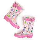 ALEADER Kids Waterproof Rubber Rain Boots Fun Prints & Handles Pink/Printed - Like New