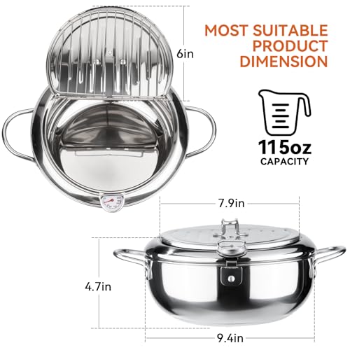 KERILYN DEEP FRYER POT 9.4”/3.4L TEMPURA FRYING POT W/LID 304 STAINLESS STEEL - Like New
