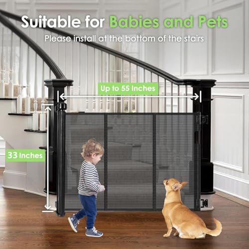 BINGGUZ REINFORCED RETRACTABLE BABY GATE FOR STAIRS WITH SUPPORT RODS - BLACK - Like New