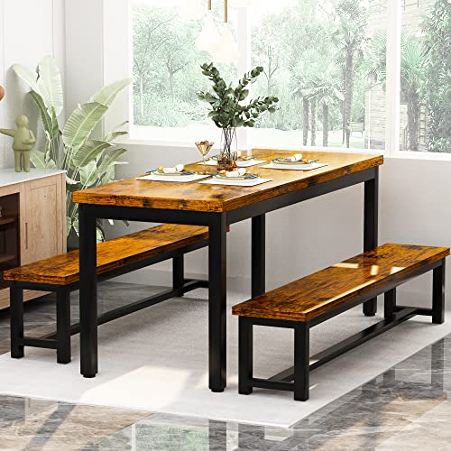 AWQM Dining Room Table Set with 2 Benches, Ideal for Home - Industrial Brown - Like New