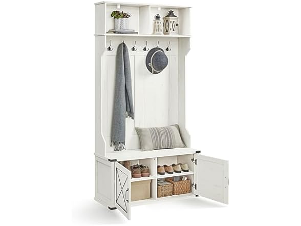 VASAGLE HALL TREE WITH BENCH SHOE STORAGE, COAT RACK  SHOE BENCH - RUSTIC WHITE - Like New