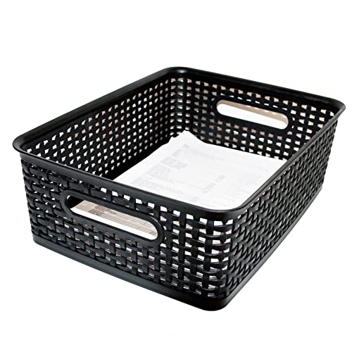 ADVANTUS WEAVE DESIGN PLASTIC MEDIUM BIN, 13.75"L BY 10.5"W BY 4.625"H, BLACK - Like New