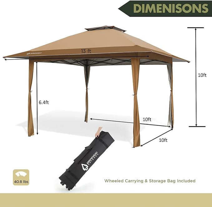 ARROWHEAD OUTDOOR 13’x13’ Pop-Up Canopy 150D Fabric KGS0389U - Brown/Tan - Like New