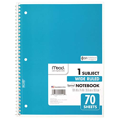 MEAD SPIRAL NOTEBOOK 1 SUBJECT WIDE RULED 70 SHEETS 10-1/2" X 8" 05510AY7 BLUE - Brand New