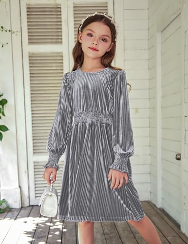 Arshiner Girls Long Sleeve Dress Velvet Crew Neck Midi Fall Vintage Dress - Like New