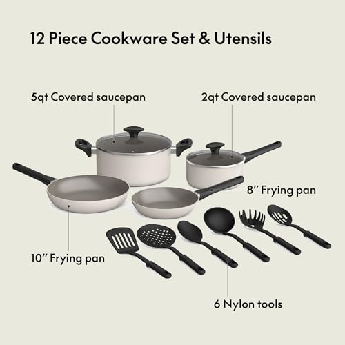 BELLA 12 PIECE COOKWARE SET EVERGOOD CERAMIC NONSTICK COATING Oatmilk - Like New