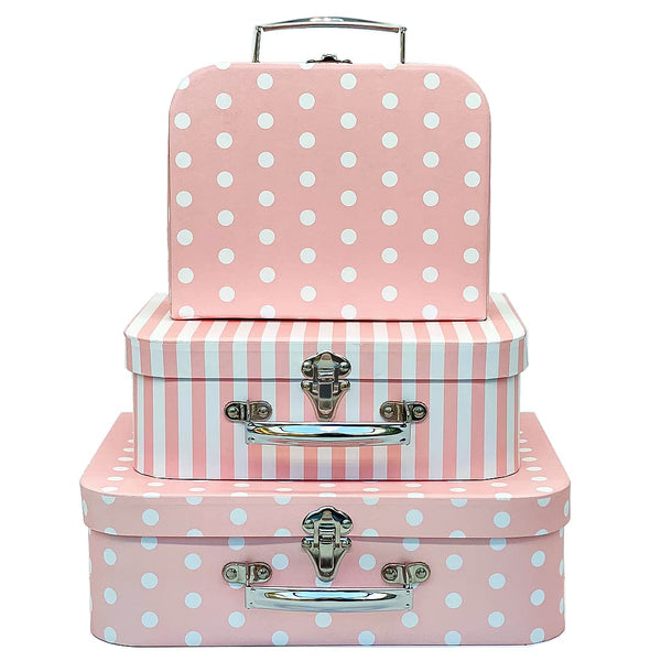 AMEDOO PAPERBOARD SUITCASES SET OF 3 DECORATIVE BOXES STORAGE PINK DOTS STRIPES - Like New