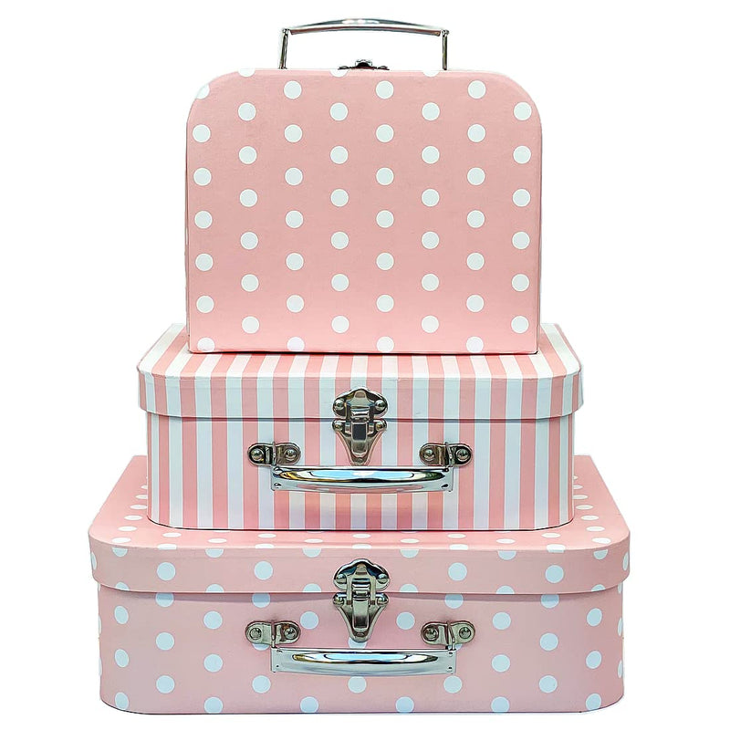 AMEDOO PAPERBOARD SUITCASES SET OF 3 DECORATIVE BOXES STORAGE PINK DOTS STRIPES - Like New