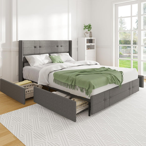 NOVILLA QUEEN SIZE BED FRAME PLATFORM WITH 4 STORAGE DRAWERS AND FABRIC - GRAY - Like New