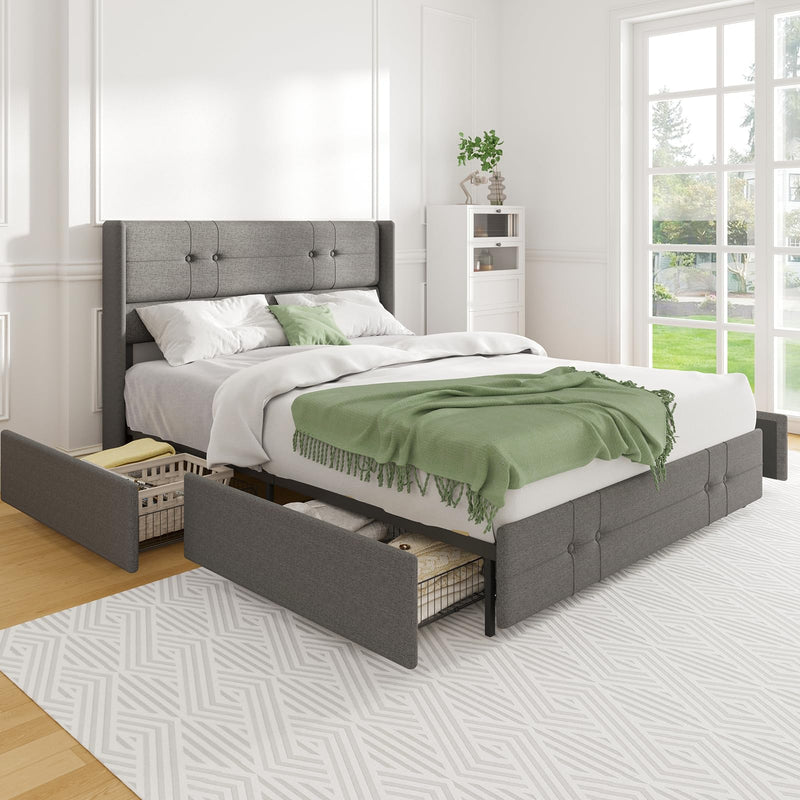 NOVILLA QUEEN SIZE BED FRAME PLATFORM WITH 4 STORAGE DRAWERS AND FABRIC - GRAY - Like New