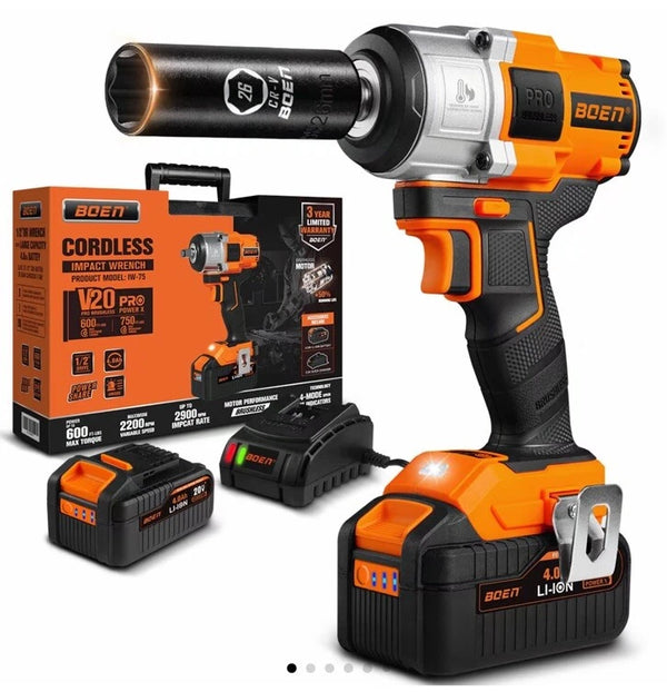 BOEN CORDLESS IMPACT WRENCH 1/2 INCH BRUSHLESS ELECTRIC V20 PRO - ORANGE/BLACK - Like New