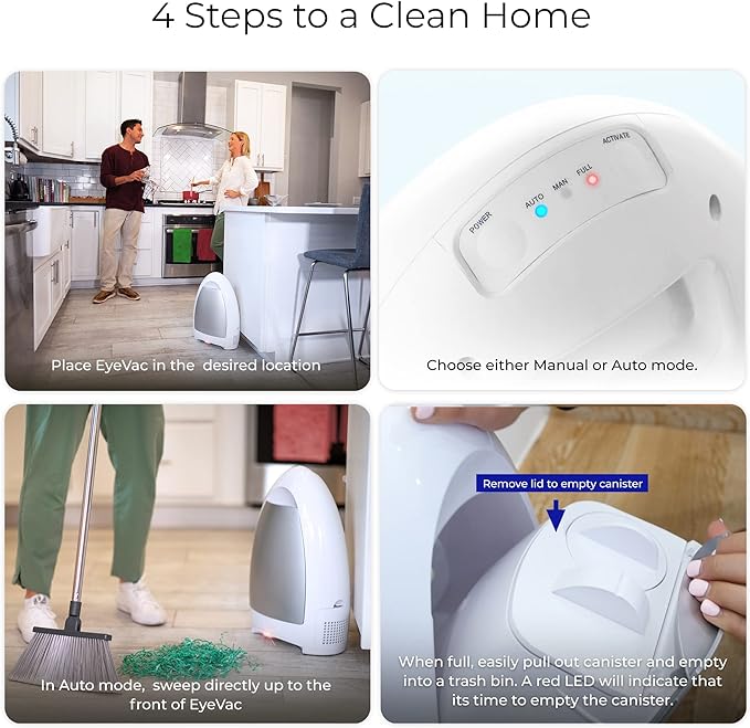EyeVac Home Touchless Vacuum Automatic Dustpan Great Sweeping Pet Hair - White - Like New