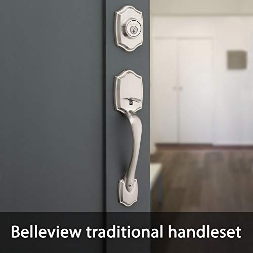 KWIKSET BELLEVIEW FRONT DOOR LOCK HANDLE DEADBOLT SET - SATIN NICKEL - Like New