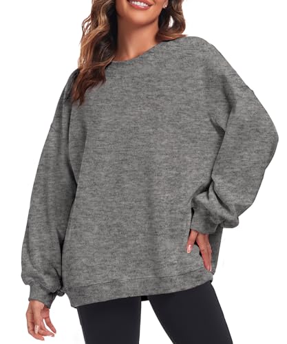 Fkeep Oversized Sweatshirt Women Crew Neck Fleece Casual Long Sleeve Dark Grey - Brand New
