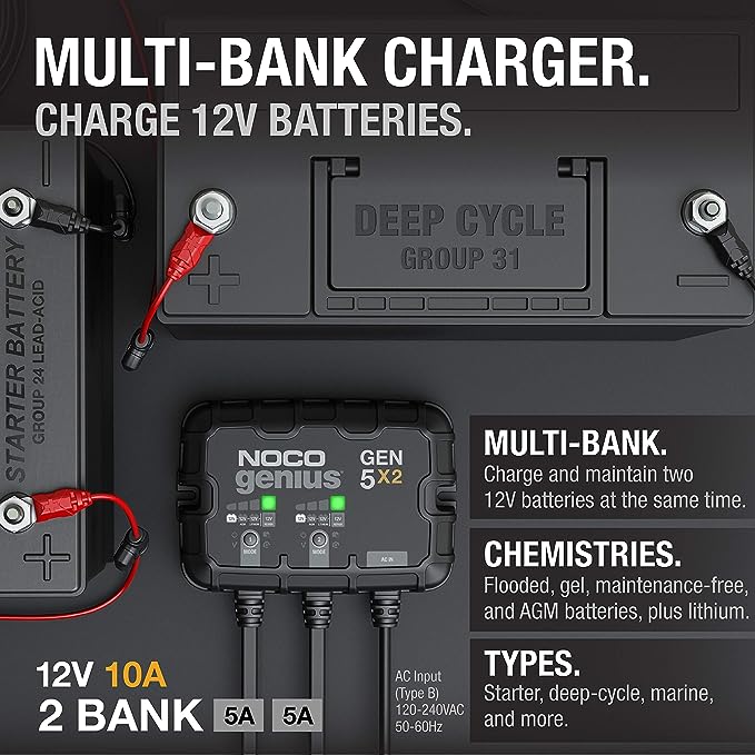 NOCO Genius GEN5X2 2-Bank 10A 5A/Bank Smart Marine Battery Charger - BLACK - Like New