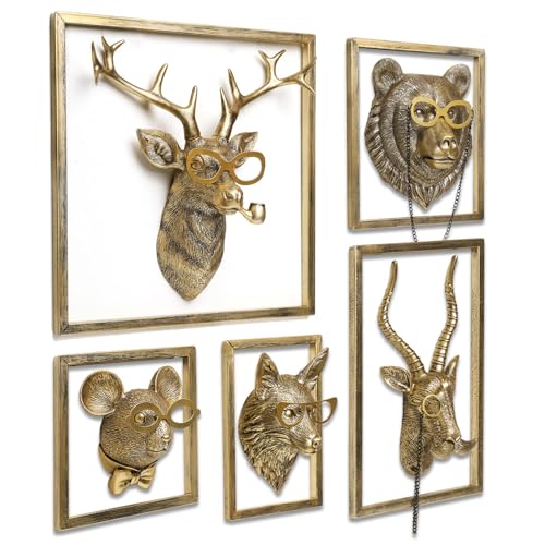 Newinhome Animal Heads Wall Decor 5pcs,Includes Metal Frame,Resin,Gold - Like New