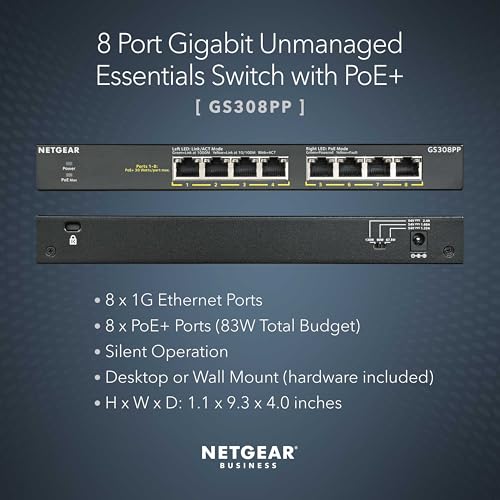 NETGEAR 8-PORT POE+ GIGABIT ETHERNET UNMANAGED ESSENTIALS SWITCH GS308PP - BLACK - Like New
