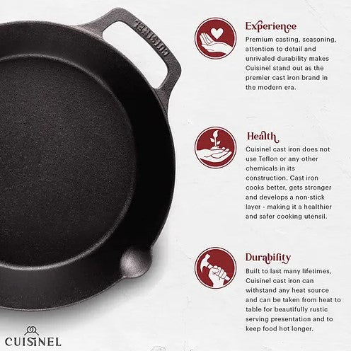 CUISINEL PRE-SEASONED CAST IRON DUAL HANDLE SKILLET WITH GLASS LID 10IN Like New