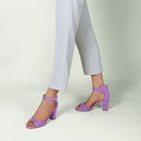 IDIFU CANDIE-MI PEEP TOE LOW BLOCK HEELS SANDALS ANKLE STRAP - 7.5 - LILAC SUEDE - Like New