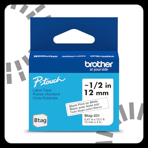 BROTHER P-TOUCH BTAG BTAG231 BLACK ON WHITE LABEL TAPE 1/2IN BY 13.1FT - Brand New
