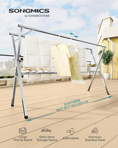 SONGMICS ULLR903E01 CLOTHES DRYING RACK, 56.3-93.7" Extendable, Dove Gray - Like New