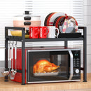 PUSDON EXTENDABLE MICROWAVE OVEN RACK ORGANIZER, 2 TIER WITH 3 HOOKS - BLACK - Like New