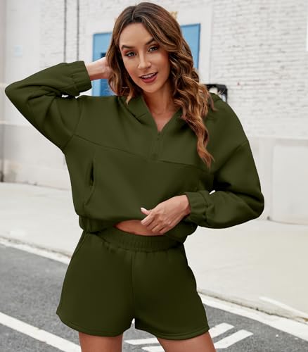 Womens 2 Piece Sweatsuit Outfits Half Zip Hoodie Sweat Shorts Pockets Luge Green - Brand New