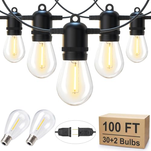 BRIGHTOWN LED OUTDOOR STRING LIGHTS FOR PATIO 100FT 32 SHATTERPROOF S14 - BLACK - Like New