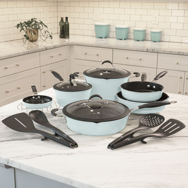 Paula Deen Family 14 Piece Ceramic, Non-Stick Cookware Set DFCW12SG - Sea Glass - Like New