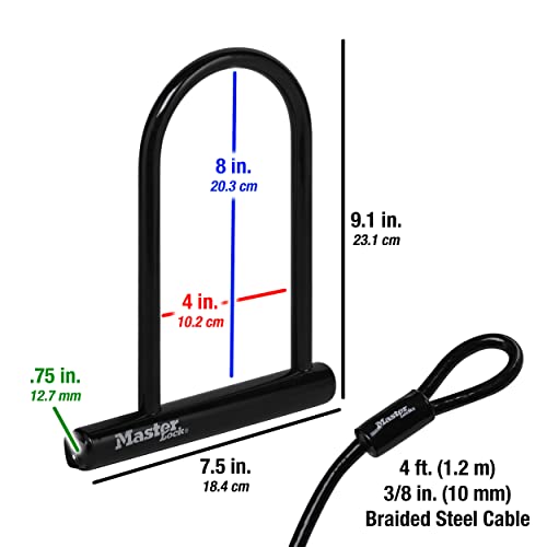 MASTER LOCK 7.25" U LOCK,LOOPED END CABLE 7-1/4 "U LOCK + 4FT.CABLE - BLACK - Like New