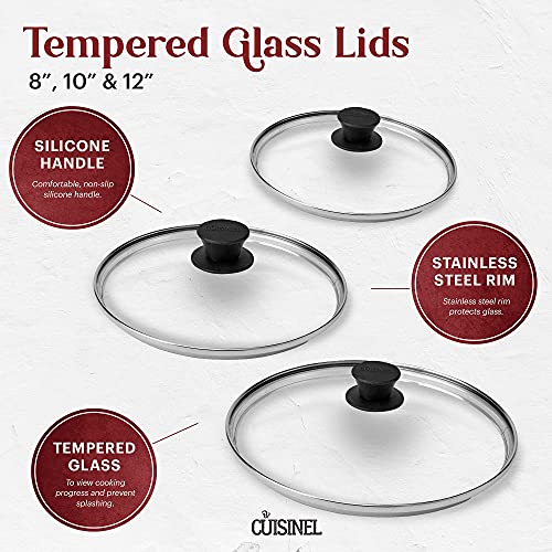 CUISINEL GLASS LIDS SET 8"+10"+12" (20.32cm+25.4cm+30.48cm) - BLACK - Like New