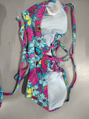CUPSHE FLORAL TIE FRONT BRALETTE SHIRRED MID RISE BIKINI SIZE M BLUE/PINK/YELLOW - Brand New