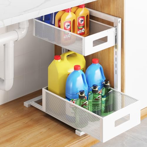 TISTAYA PULL-OUT UNDER KITCHEN SINK ORGANIZER, HEIGHT ADJUSTABLE, WHITE - Like New