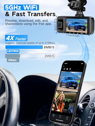 LECTRUS 4K DASH CAM FRONT AND REAR INSIDE 3 CHANNEL DASH CAMERA FOR CARS - BLACK - Like New