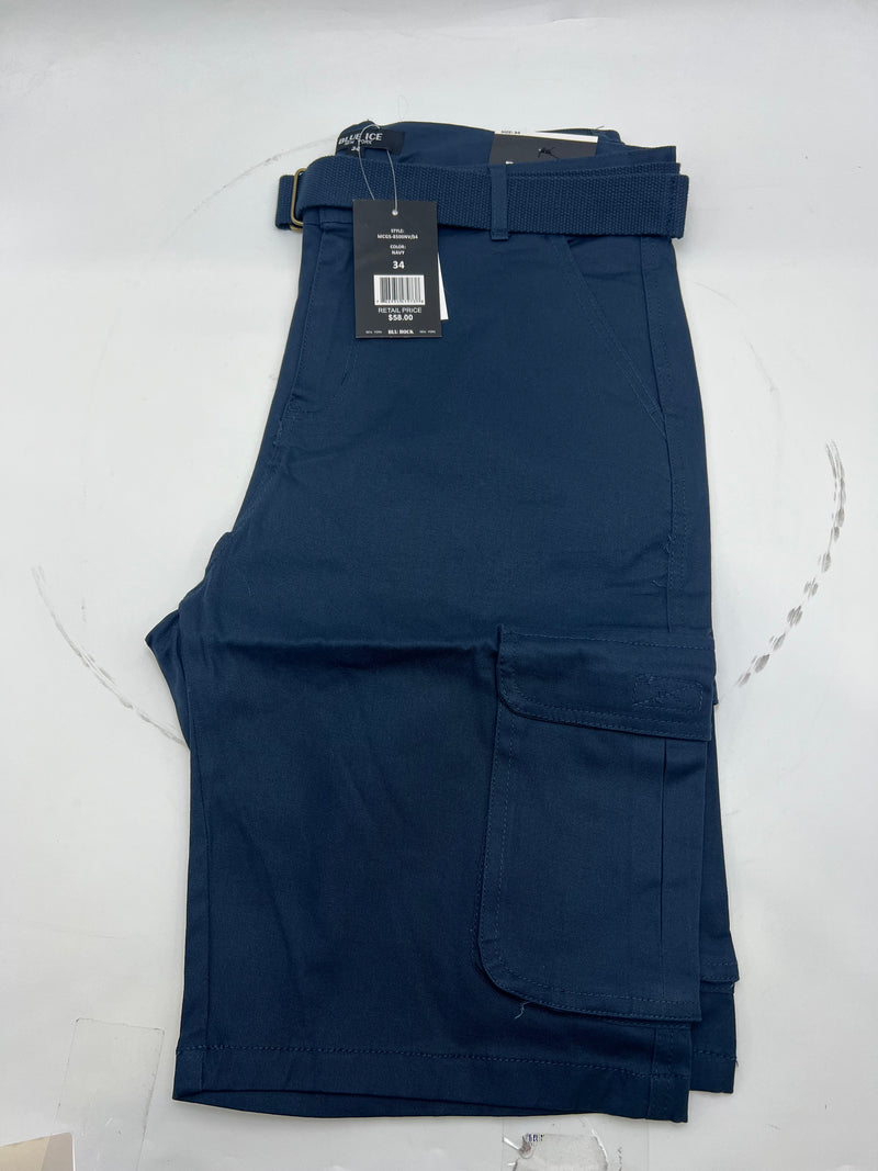 BLUE ICE MEN'S SLIM FIT STRETCH BELTED CARGO SHORTS - SIZE: MEN 34 - NAVY - Brand New