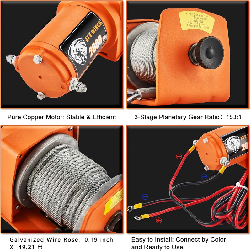 TYT 2000 LB ORANGE ELECTRIC WINCH (2000 LB STEEL CABLE WINCH) - ORANGE - Like New