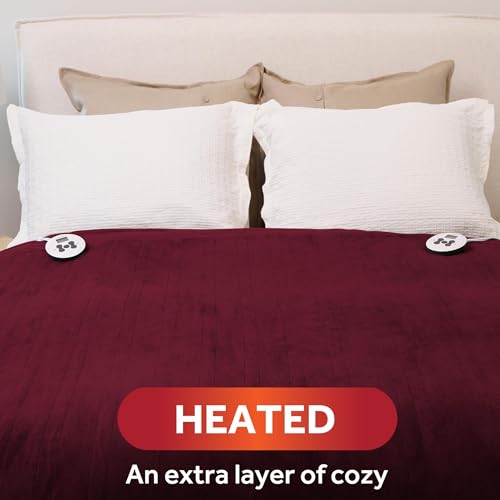 SUNBEAM ELECTRIC ROYAL LUXE MICROPLUSH HEATED BLANKET QUEEN - DARK CHERRY - Like New